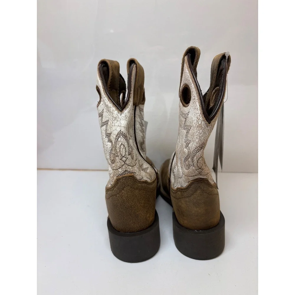 Smoky Mountain Kids Brown Leather Cream Embroidered Cowboy Boots 3108C Size 12 R